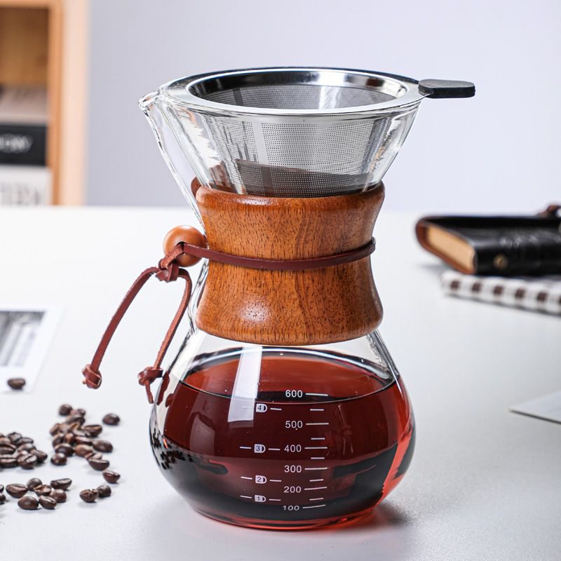 コーヒーサーバー コーヒードリッパー 一体型 ステンレスフィルター ペーパーレス 耐熱ガラス カラフェ 天然木ホルダー ハンドドリップ 600ml 目盛り付き ポット