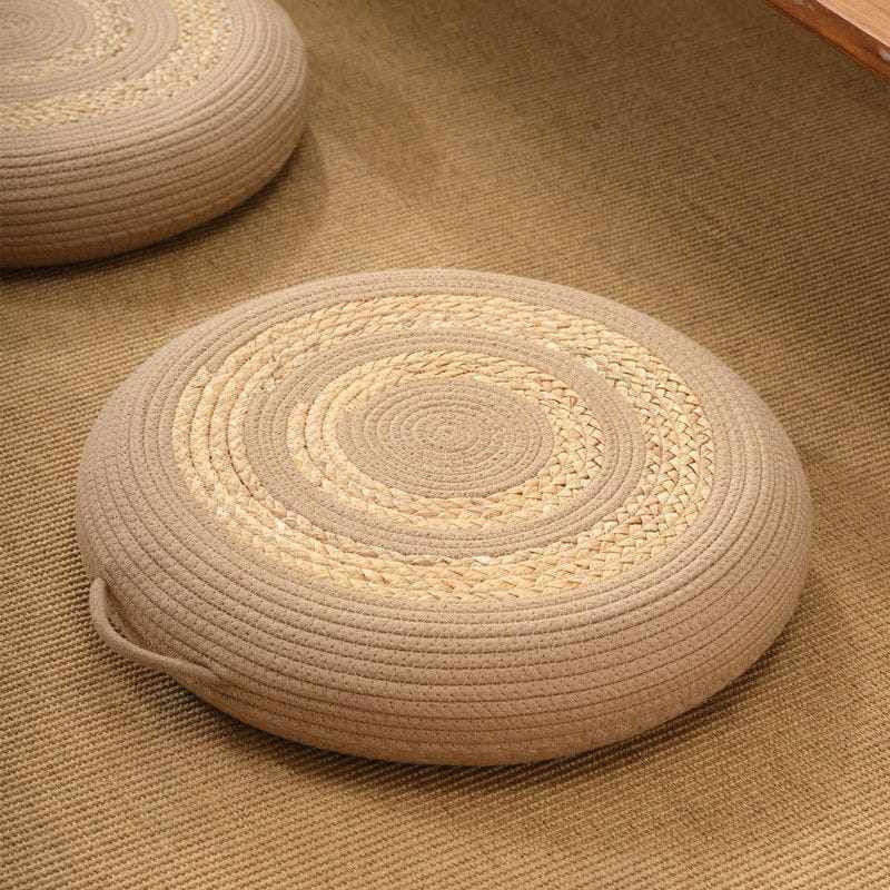 座布団 厚10cm 円形 フロアクッション 麻編み 丸型 通気性 和風スツール 瞑想用 あ...