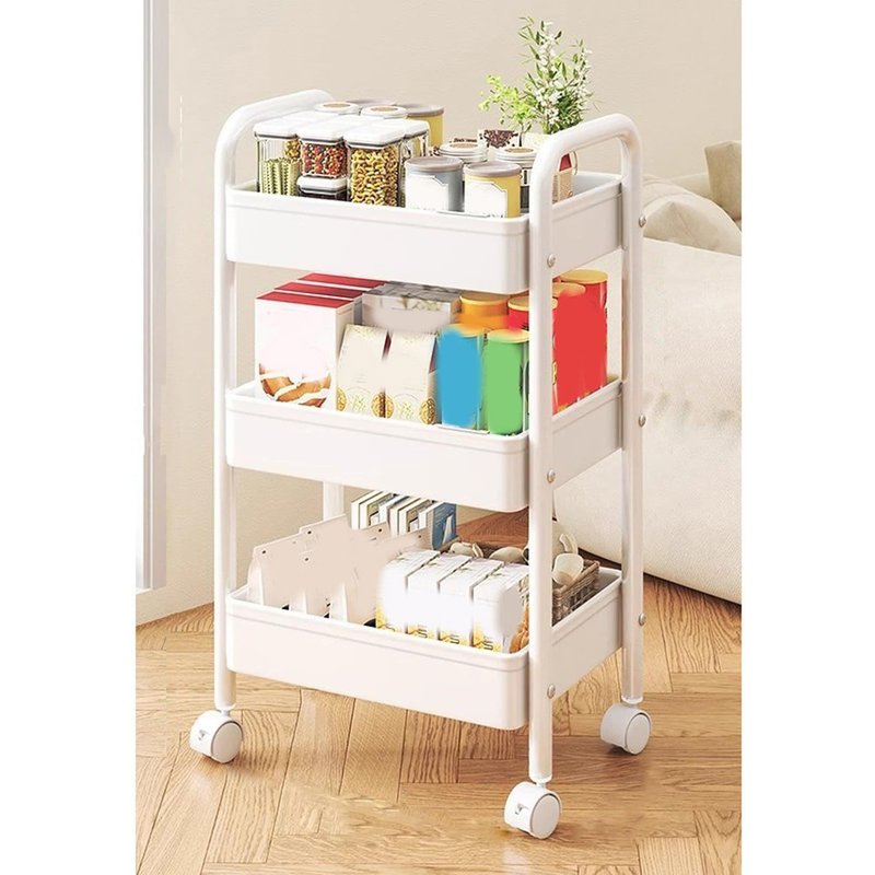 　　　 ◆◇◆売れている秘密◆◇◆ 【組み立て簡単】組立て、解体が簡単なので、引越しの際にも便利です。 【大容量・多目的】薄型の収納カートには3段の収納スペースがあり、キッチンカウンターと冷蔵庫の間に置いて、調理に必要なやソースなどを収納できます。 また、洗濯機と乾燥機の間で洗濯洗剤やその他のクリーニング製品を保管するためにも使用できます。 トイレやリビング、ガレージなどのシーンにも活躍する移動式収納カート。 【ワゴン キャスター付き&amp;移動便利】4つの便利なキャスター付きで360度回転が可能、方向を自由に変え、どこでも重さのあるものをらくらく移動しやすく、寝室、キッチン、書斎など様々な場所でご自由に活躍できます。その上、2つのキャスターでロックが付いており、整理中よく固定できます。さらに、このキッチンワゴン キャスターにはハンドルが設計されるので、安定した移動が可能、物の脱落を防ぎ、力の弱い女性としても安心に使えます。 【狭いスペースや隙間にも対応】 スリムなサイズなので、狭い隙間や狭いコーナーにも置けます。 同時に、追加の 4 レの収納スペースを提供します。 段ごとに高さが異なり、さまざまなサイズのアイテムを収納できます。ご自宅の未開拓コーナースペースを有効活用できます。 【高耐荷重】スチール製なので非常に頑丈で、ペットボトルやビン・缶入り飲料・文庫本などの重いものをたくさん入れても安心です。 　　　◆◇◆注意事項◆◇◆ご覧のモニターの環境、撮影環境により実物と色味が異なって見える場合がございます。湿った状態で他のものと擦り合わせると色が移る恐れがあります。濃色品の洗濯時は、白色、淡色と分けて洗ってください。説明 ◆防水・お掃除を簡単 拭き掃除だけで簡単に清潔さを保つことができます。防水なので、観葉植物の置けも最適です。 強度の高いボックスの仕組み ◆ボックスの四辺には厚みのあるデザインに加えて、強度アップのため底板にスティフナーを加工されております。また、両側のパイプとぴったりとした凹みデザインで、パイプをしっかりと包み込みます。安定性を向上させ、丈夫で手軽に使えます。 こんなシーンで！ ◆通常の収納ワゴンだと収納したものが見えて気になる方に ◆キッチン（台所/料理）/ランドリー(洗濯・洗面・お風呂場・脱衣所)/デスク（書斎/勉強/子供部屋） ◆スリムで大容量の収納ボックス・収納ワゴンが欲しい ◆中身が見えないブラインドデザイン ◆安定した天板で、少し溝があるもの ◆頻繁に移動するものを乗せたい。 ◆一人暮らしで、限られたスペースで収納を探している ◆スッキリ見せたい空間に ◆縦のスペースを活かしたい ◆頑丈＆耐久性：軽量で丈夫な素材でできたキッチンワゴンで、通気性がよく、お掃除が簡単で、湿気が多い場所でも安心。また、落下防止フレーム付きがあり、小物や割れ物等落下の心配なく、ジャムなどの小さいものペットボトルなどの大きな物まで収納可能です。 ◆色んな収納力：収納棚として洗剤、調味料、トイレ用品、ペットボトルまたはスキンケア製品などを入れます。バスケットの底面は、スケルトン仕様で通気性に優れています。4つのフックを贈り、カゴの側に小物をかけられします。（全体安定性のために、あんまり重いなものを吊りしないでください。）
