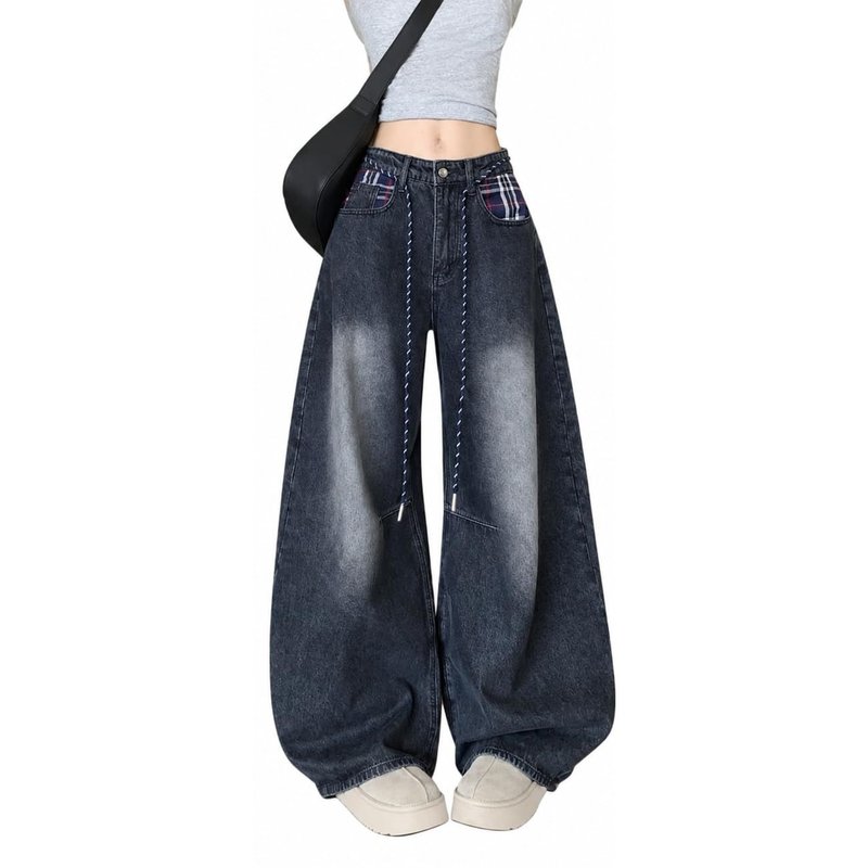 ワイドデニムパンツ レディース ストリート系 ハイウエスト チェック柄ポケット 切...