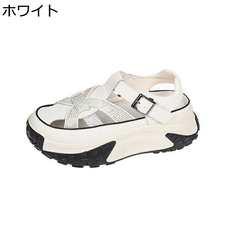 5cm厚底 透かし彫りデザイン レディース スニーカー スポーツサンダル オープントゥ 夏用 バックル ストラップ キラキラ付 ローカット オシャレ 革 メッシュ 防滑 ゴム レジャー 女性
