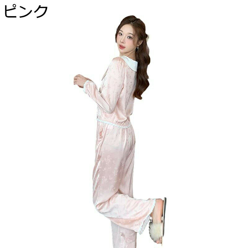 樂天商城 - パジャマ 2着セット セーラー襟 フリル 花柄 花 レディース Uネック レーヨン 肌着パジャマ 春秋用 寝間着 ルームウェア ロングパンツ ふんわり 柔軟性 日常 萌え萌え カジュアル 女性用 速乾