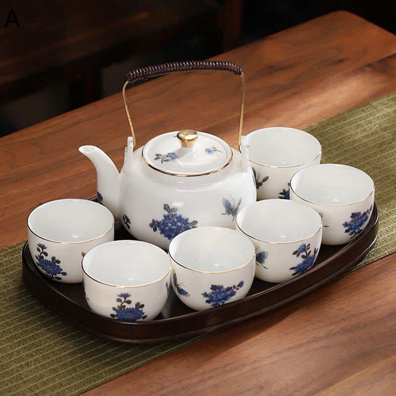 樂天商城 - 茶具セット トレー付き 白陶器 6客入 中国茶器セット 番茶器 大容量 ポット 花柄 総柄 山水柄 福漢字 蝶々 ティーカップ 急須 茶器揃 茶盤 湯呑み 中国茶器 エレガント 軽量茶器 紅茶 お家 事務所 来客用