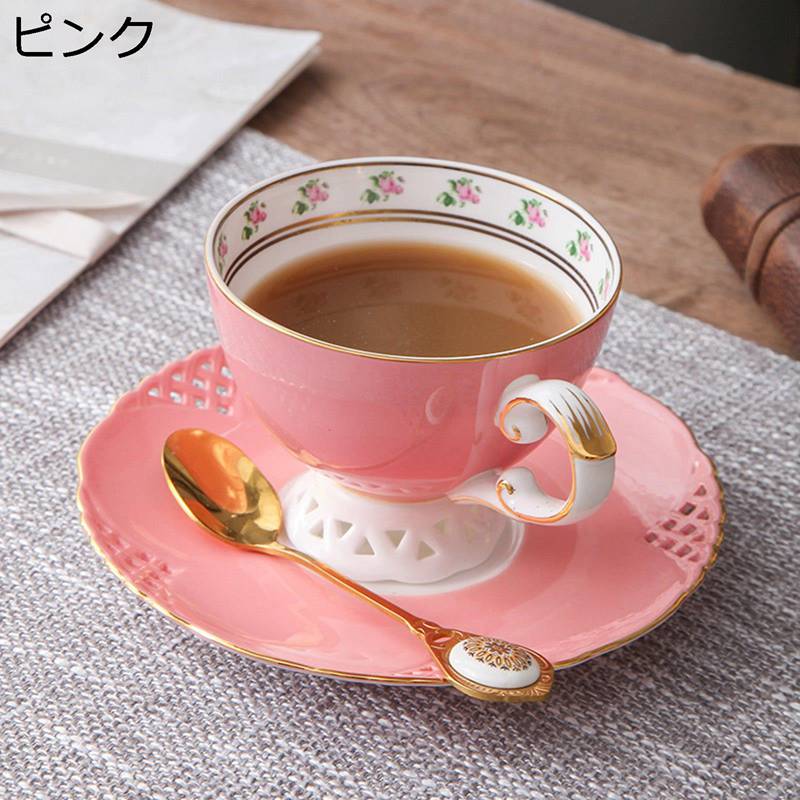 コーヒーカップ 1客セット 花柄 ソーサー Tea Set コップ 200ml ボーンチャイナ ゴールデンスプーンスーツ ティーセット 透かし彫りケーキ皿 スプーン付き 北欧風 インペリアル かわいい 上の贅沢 紅茶カップ