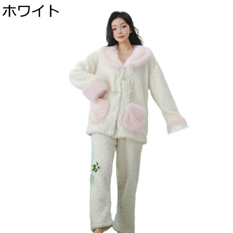 樂天商城 - ボアフリース ルームウェア レディース もこもこパジャマ 秋冬 前開き Vネック 可愛い パールボタン 婦人 寝巻き ふわふわ 保温 暖か 寝巻き 両面起毛 厚手 プレミアム 誕生日 クリスマスプレゼント