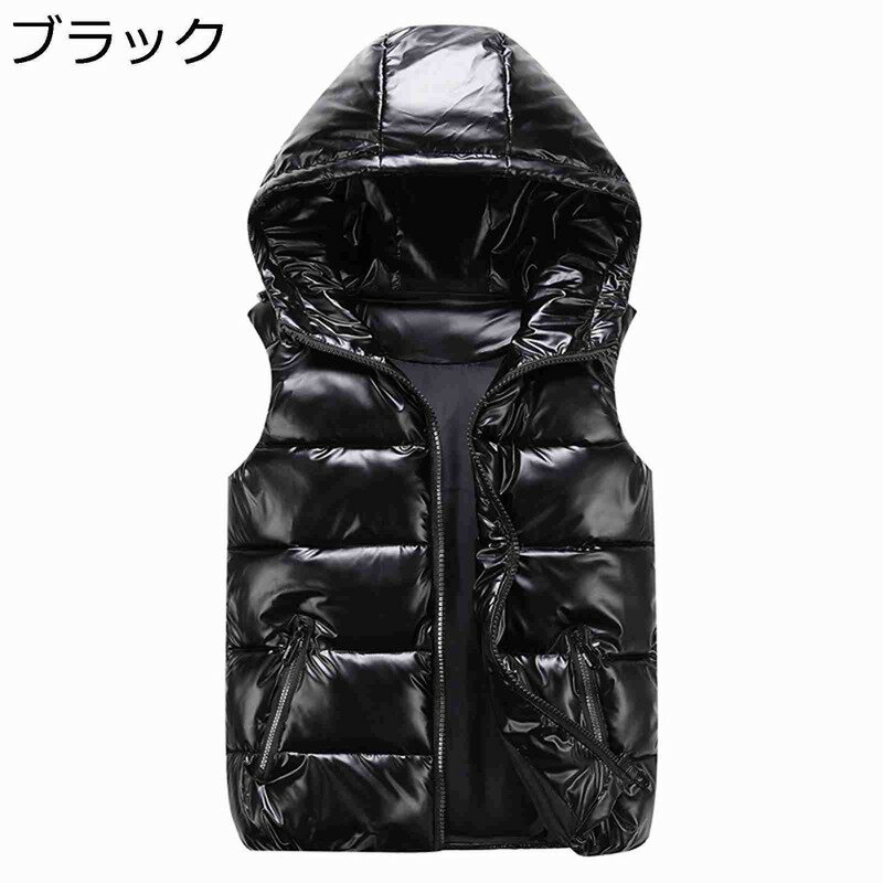 Vests - 秋冬 中綿ベスト 艶々 ダウンコットンベスト 厚手 チョッキ フード付き 撥水 防風 防寒対策 暖かベスト 袖なしジャケット ショート 大きいサイズ カジュアル 軽量 普段着 アウトドア 釣り ウオーキング