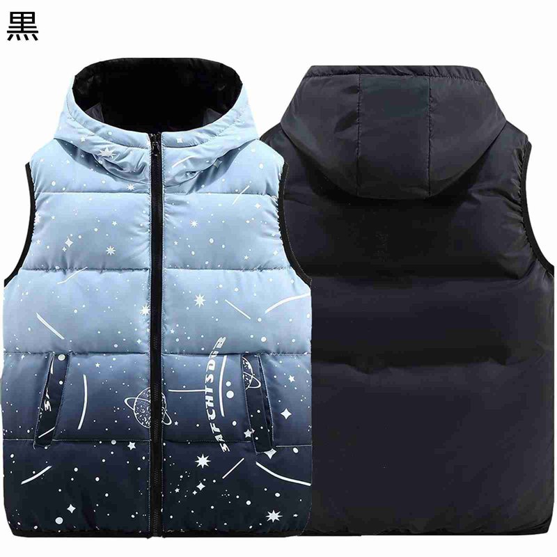 Vests - ダウンコットンベスト グラデーション メンズ 綿入れ パッチワーク 大きいサイズ フード付き コンビ ベスト チョッキ 無袖 暖か トップス 秋冬 保温 流行り ファッション デイリー 通勤 日常