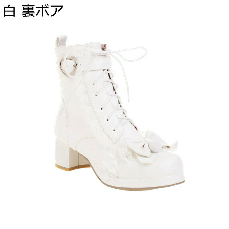 Saidogoa - ロリータ靴 22.0-29.0cm ショートブーツ レース ポンポン付き 蝶結び レディース レースアップ リボン ミドルヒール チャンキーヒール ラウンドトゥ ジッパー 秋冬 可愛い お嬢様風