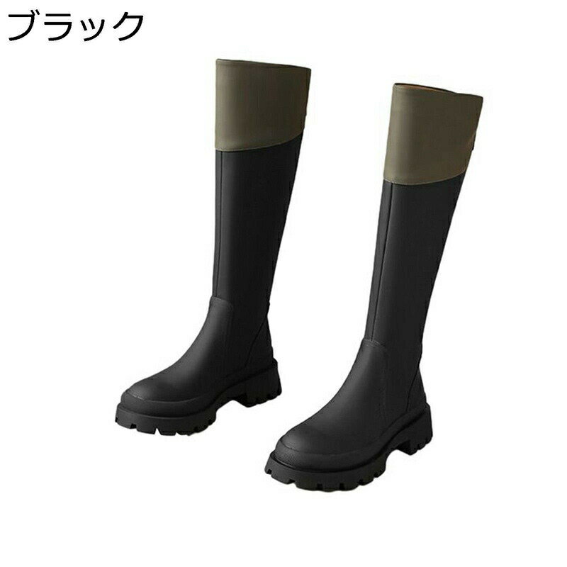 Saidogoa - ブーツ レディース ニーハイブーツ ロング丈 長ブーツ 高筒 ラウンドトゥ バックジップ 太ヒール ヒール：4CM サイハイブーツ コンフォート 脱ぎ履き便利 秋冬 オシャレ 通勤 バイカラー