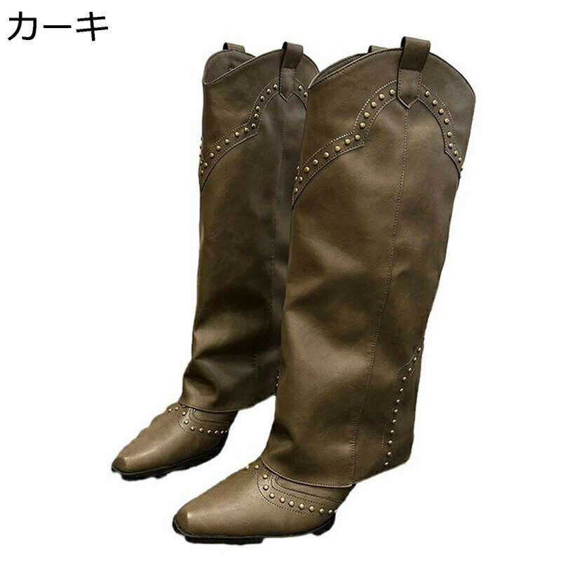樂天商城 - ウエスタンブーツ リベット ポインテッドトゥ チャンキーヒール レディース ロングブーツ 大きいサイズ ヴィンテージ 秋冬 長ブーツ カジュアル ゆったり 身長up 高筒ブーツ ジョッキーブーツ