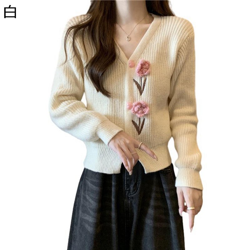 Other - カーディガン 花モチーフ 花飾り ニット レディース ショート ハート 大きいサイズ 長袖 ショール Vネック アウター 秋冬 ボタン付き コート 保温 セーター トップス トレンド 可愛い