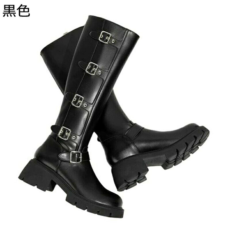 Women'S Shoes - レディース ウエスタンブーツ ロングブーツ ワークブーツ 4連バックル ミドル丈 秋冬 合成皮革 足細 細身 着脱簡単 防滑 ゴムソール 大人 疲れない サイドジップ カジュアル パーティー パンク 演出