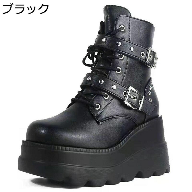 Saidogoa - 厚底 大きいサイズ ショートブーツ レディース ハイヒール 10CMヒール サイドジップ レースアップ プラットフォーム バックル付き 秋冬 身長アップ ウェッジソール パンク 通勤 通学 防滑