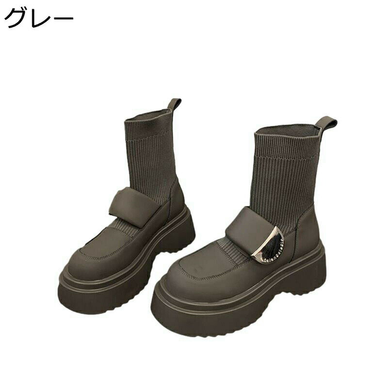 樂天商城 - ソックスブーツ ショートブーツ レディース 厚底靴 プラットフォーム 甲飾り 歩きやすい 粗いかかと スクエアトゥ 秋冬 履きやすい カジュアル 走れる 楽ちん 美脚 おしゃれ 6cm身長アップ