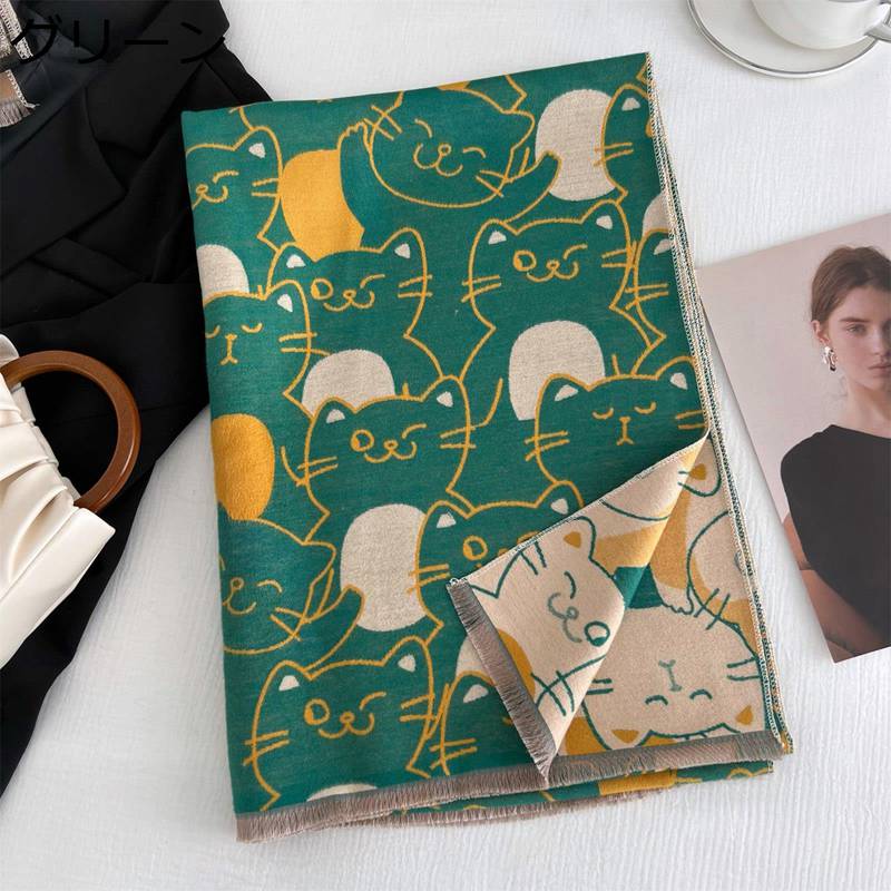 レディース マフラー カシミヤタッチ リバーシブル 猫柄 リバーシブル ストール 大判 ボリューム 男女兼用 ふわふわ 秋 冬 防寒 肌触り良い 柔らかい 通勤 通学 新年ギフト 静電気防止 巻き物