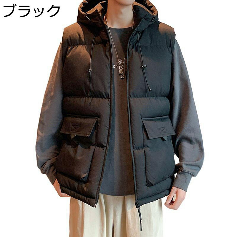 Vests - 中綿ベスト フード付き 紐付き 4xl 無袖ジャケット メンズ ダウンコットンベスト タートルネック チョッキ ポケット 防寒ベスト 重ね着 ワークべスト アウター 秋冬 厚地 防風防寒 オシャレ 軽い 男性 バイキング