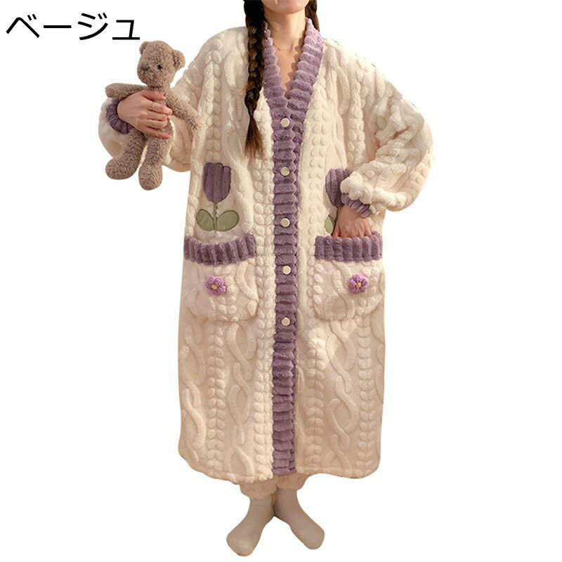 秋冬 モコモコ 着る毛布 チューリップ柄 ネグリジェ vネック ナイトガウン 寝間着 2着セット ルームウェア 花柄 フリース フランネル ロングスリーブ ふわふわ かわいい 厚い 耐摩耗 女性 便利服 お出掛け(4.0)
