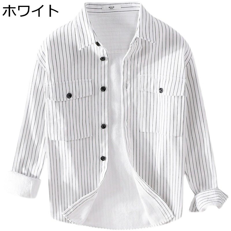 シャツ メンズ ストライプシャツ 保温シャツ 冬用シャツ 大きいサイズ 耐久性 和風 レトロ 暖かい 防寒 裏起毛 厚手 長袖 開襟 胸ポケット 秋冬 通勤 通学 ビジネス カジュアル トップス