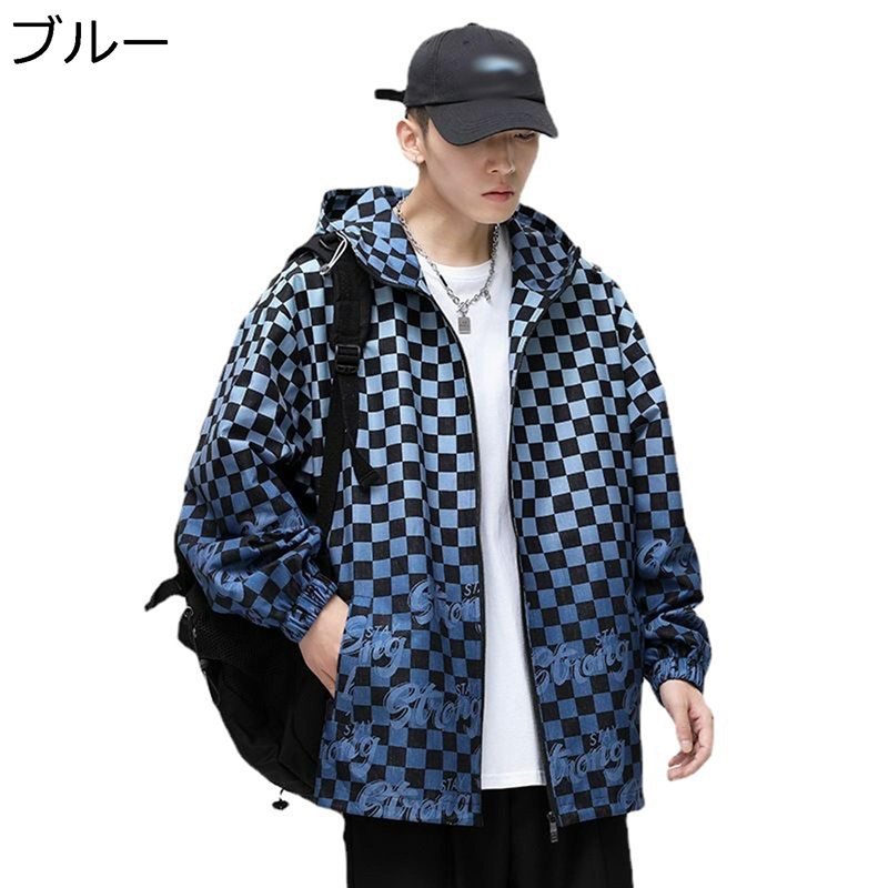 樂天商城 - メンズ ブルゾン ウインドブレーカー チェック柄 ゆったり カッコイイ ジャケット ストリート カジュアル フード付き 春 秋 アウトドア 軽量 ブルゾン アウター トップス おしゃれ 大きいサイズ