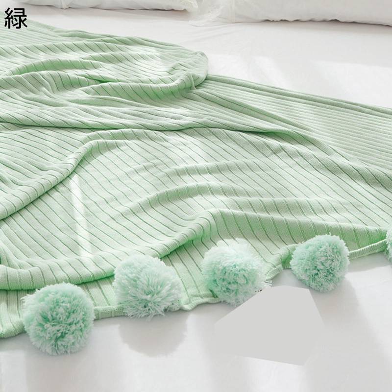 Wool - 綿100 ブランケット ニット 肌掛け 肩掛け 膝掛け ポンポン 薄手 マルチカバー ベッド用 タオル 防寒 保温 ソフト 丸洗い可 北欧 春夏秋冬 無地 お昼寝 夏快眠 アレルギー対策