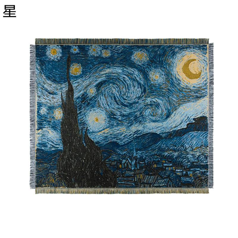 樂天商城 - ニットブランケット ゴッホ星空 油絵柄 大判毛布 マルチクロス マルチカバー ソファーカバー ひざ掛け 肩掛け 掛けふとん 多機能 タッセル 防寒 保温 丸洗い 薄め カーペット オールシーズン