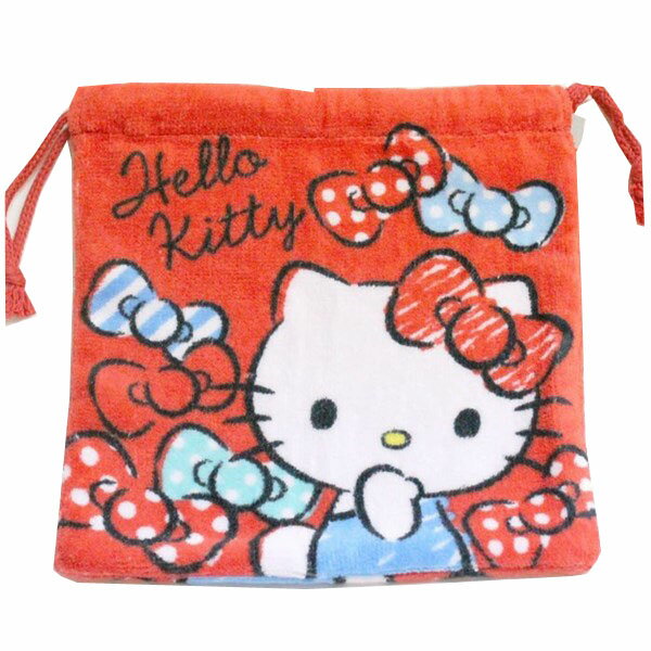 巾着 SANRIO HELLOKITTY ハローキティ パイル 巾着 レッド リボン 柄 【2点までメール便対応】 巾着 ポーチ 大 小 巾着袋 給食袋 バッグ 給食 ナフキン ランチョンマット キャラクター 女の子 男の子 子供 女 男 小学校 可愛い かわいい おしゃれ 小学生