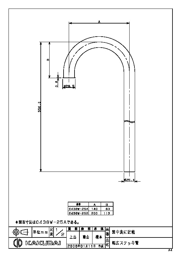 カクダイ 水道材料 幅広ステッキ管 25AX140X550 [0438W-25A]