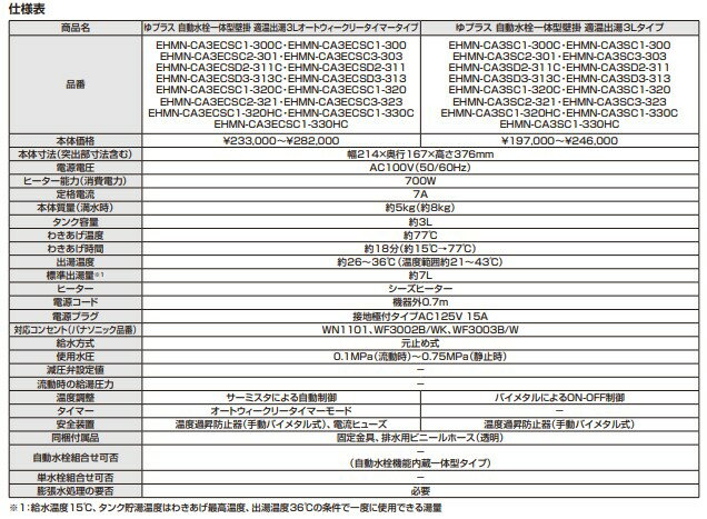 INAX LIXIL・リクシル 小型電気温水器 【EHMS-CA3SD2-311】 ゆプラス 自動水栓一体型壁掛 適温出湯3Lタイプ セット商品 【EHMN-CA3SD2-311+EFH-6】