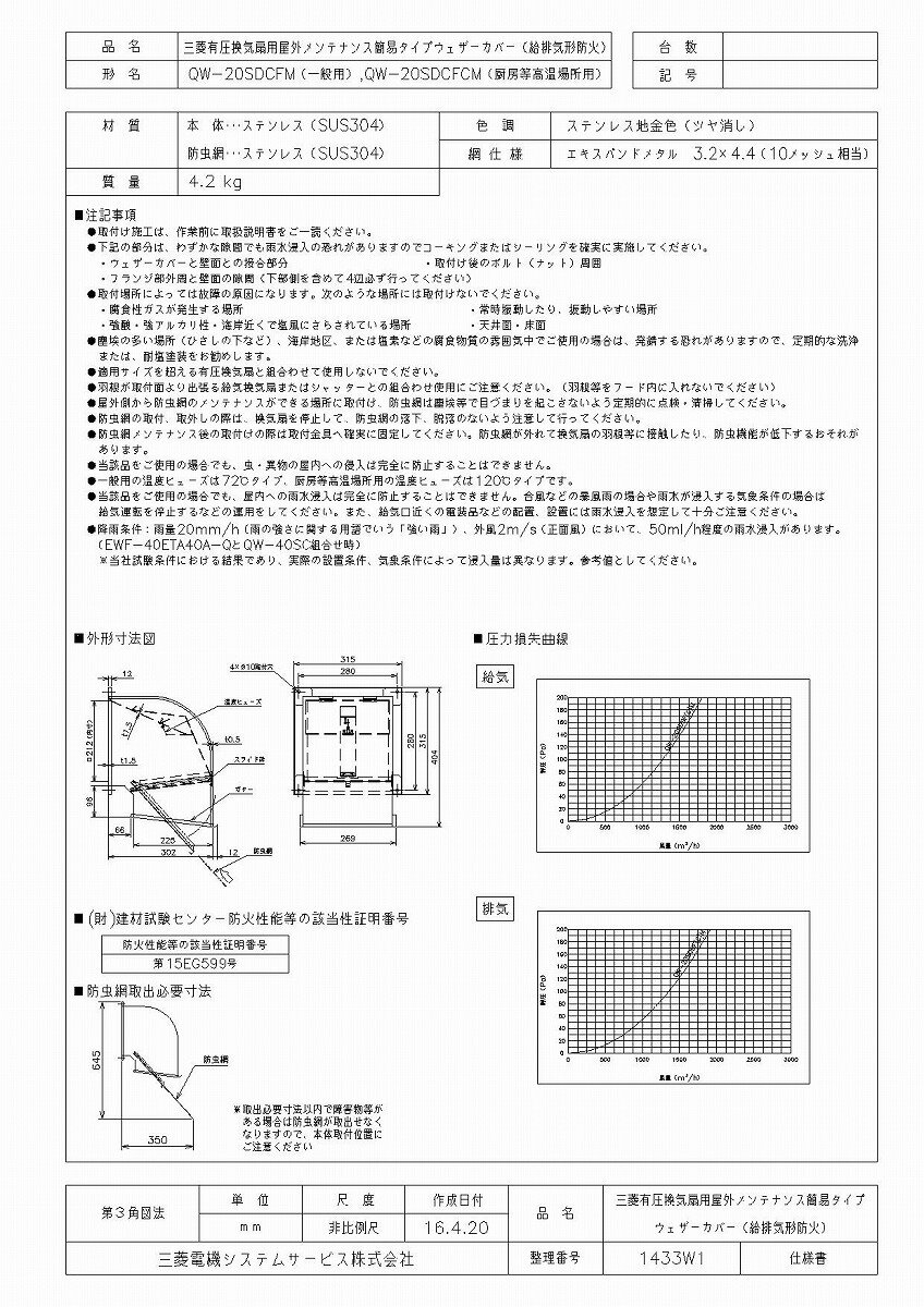 三菱　換気扇　【QW-20SDCFM】　産業用送風機　[別売]有圧換気扇用部材　QW-20SDCFM　[新品]【RCP】