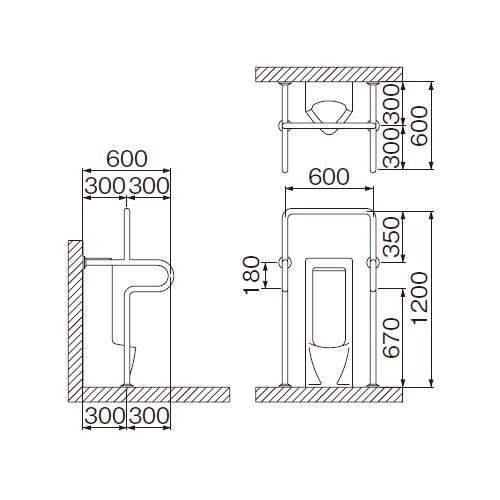 ミヤコ MIYAKO MB155Sストール小便器手摺【MB155S】寸法 32・34共通 トイレ配管部材