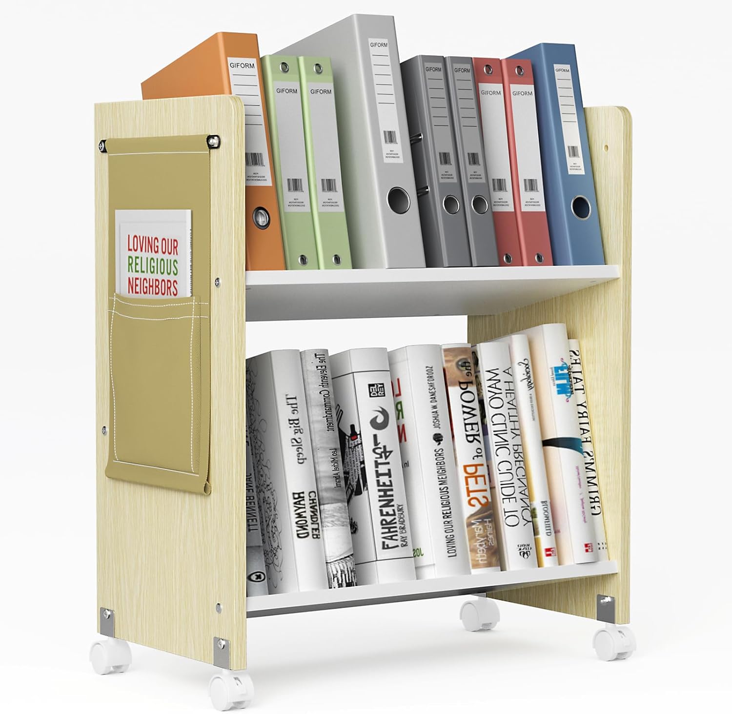 【冬得★12%券+P12倍！】★斜め棚・2段・移動可能★DEWEL ファイルワゴン 収納ポケット付き a4 キャスター付き スリム 仕切付き 42kg高耐荷重 出し入れしやすい 木製 ファイル収納 書類収納 デスク下 ファイルラック ブックワゴン オフィスラック 取付簡単 おしゃれ