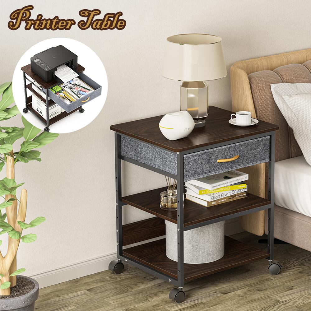 【SS-1,000円券GET！】★可動棚・引き出し・高安定★DEWEL プリンター台 キャスター付き 収納 木製 引き出し付き 布製 総耐荷重80kg 高さ調整可能 組立簡単 オフィス/ホーム用 プリンターラック 木目調 ヴィンテージ調 コピー機台 交換式マット スリム サイド デスク下