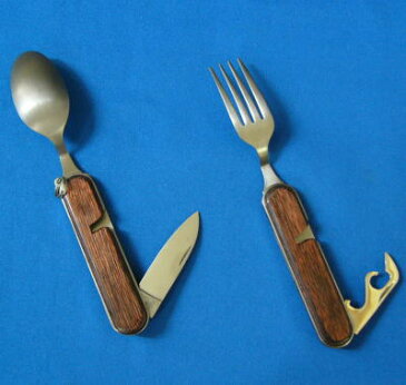 SAM(サム)CAMPING KNIFEコンビ4徳チタン製 ウッド(ナイフ・スプーン・フォーク・缶切り/栓抜き)日本製【キャンプ】【アウトドア】