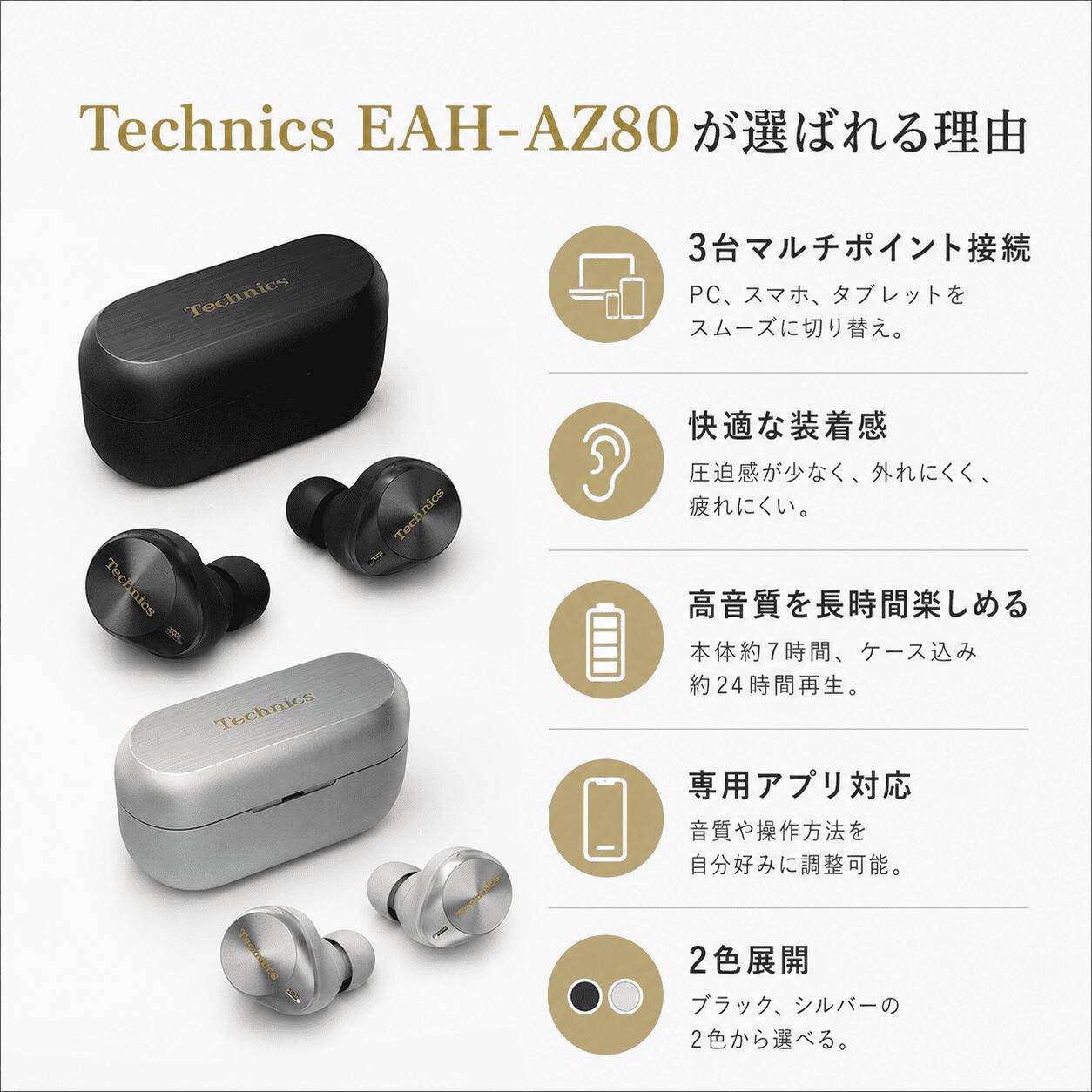 テクニクス Technics フルワイヤレスイヤホン ブラック EAH-AZ80-K シルバー EAH-AZ80-S ワイヤレス 左右分離 Bluetooth ノイズキャンセリング対応 クリスマス 誕生日 母の日 ギフト プレゼント masayosiryouhin-10004471 雅美良品 楽天市場店 サンプル画像2