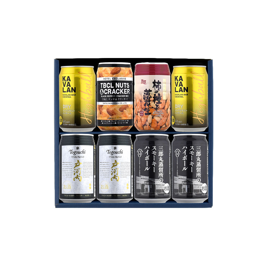 酒宝庫 MASHIMOの父の日 ギフト ウイスキーハイボール戸河内缶×2本 カバラン DRYハイボール缶×2本 三郎丸蒸留所 の スモーキーハイボール缶×2本 柿の種＆落花生×1個 ナッツ＆クラッカー×1個 A-23｜アングル2