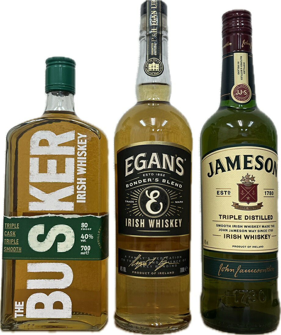 セット内容・40度 バスカー アイリッシュウイスキー 700ml 1本 正規・40度 イーガンズ ボンダーズブレンド 700ml 1本 正規・40度 ジェムソン スタンダード 700ml 1本 正規計3本セット商品説明【バスカー アイリッシュウイスキー 700ml】バスカー アイリッシュウイスキーは、アイリッシュの魅力であるトロピカルフルーツフレーバーが味わえるウイスキーで、バーボン樽、シェリー樽、マルサラワイン樽の3種の樽を贅沢に使用しています。また、バスカーを構成する3タイプのウイスキー（シングルモルト、シングルポットスチル、シングルグレーン）のうち、味わい豊かなシングルモルトとシングルポットスチルの構成比の合計が、一般的なアイリッシュに比べて高く、マルサラワイン樽も老舗トップブランドの「フローリオ」の樽のみを使用しています。このマルサラワイン樽に由来する華やかなフルーツのアロマと柔らかな甘味が加わることで、なめらかでトロリとした口当たりがあり、スタンダードのアイリッシュでは感じられないワンランク上の味わいがお楽しみいただけます。テイスティングコメント色：イエローゴールド香り：プラム、トロピカルフルーツ、バニラ、ハチミツ、干し草味：モルト、ダークチョコレート、トフィーファッジ、シナモン【イーガンズ ボンダーズブレンド 700ml】ボンダーズブレンドイーガンズのクオリティはそのままに、日常使いできるウイスキーとして新しく生まれたボンダーズブレンド。ルパート・イーガンによるウイスキーボンディングのアートとサイエンスの真髄を表現した1本です。それぞれ特別な4つの樽で熟成させた原酒を、ひとつひとつのウイスキーの味わいが相互に引き立つ配合で、丁寧にブレンドしました。 アイリッシュウイスキーならではのクラフト感にあふれ、ココナッツ、バニラ、クレームブリュレやデーツなどの味わいが、大変華やかな1本です。バランスの取れたスムースな味わいで、ハイボールに最適。和洋中問わず食中酒としてもお楽しみいただけます。【ジェムソン スタンダード 700ml】ジェムソン スタンダードジェムソンは「ブレンデッドアイリッシュウイスキー」です。ポットスチルウイスキーと上質のグレーンウイスキーを3回蒸留し、ブレンドして造られます。3回蒸留することで、ジェムソンの特徴的な滑らかさが生み出されます。その後、4年以上にわたってオーク樽で熟成して完成です。アイリッシュウイスキーが初めての方は、是非「ジェムソン スタンダード」から始めてみてください。ニート、ロック、ソーダ割などお好みの飲み方でお愉しみください。 送料無料商品について ・北海道、東北、九州、沖縄、離島への発送は送料が発生いたします。・掲載画像は参考画像となりますため、実際にお届けさせていただく商品のパッケージなどが異なる場合がございます。ご了承くださいませ。・ご注文時に送料は反映されません。サンクスメールにて、正しい送料を記載させていただきます。 送料無料商品・一部地域価格表 地域 料金 関東、信越、東海、北陸、関西、中国、四国 無料 北海道、沖縄 600円 東北 300円 九州 200円 離島地域 お問い合わせください。 様々なギフトシーンでお使いいただけます。 内祝 内祝い お祝い返し 結婚内祝い 出産内祝い 命名内祝い 入園内祝い 入学内祝い 卒園内祝い 卒業内祝い 就職内祝い 新築内祝い 引越し内祝い 快気内祝い 開店内祝い お祝い 御祝 結婚祝い 出産祝い 初節句 七五三 入園祝い 入学祝い 卒園祝い 卒業祝い 成人祝い 就職祝い 昇進祝い 新築祝い 上棟祝い 引っ越し祝い 引越し祝い 開店祝い 退職祝い 退院祝い 快気祝い 全快祝い 初老祝い 還暦祝い 古稀祝い 喜寿祝い 傘寿祝い 米寿祝い 卒寿祝い 白寿祝い 長寿祝い 金婚式 銀婚式 ダイヤモンド婚式 結婚記念日 贈答品 お返し お礼 御礼 謝礼 ご挨拶 お見舞い お見舞御礼 お餞別 引越し 引越しご挨拶 記念日 誕生日 父の日 母の日 敬老の日 記念品 卒業記念品 定年退職記念品 ゴルフコンペ コンペ景品 景品 賞品 粗品 香典返し 志 満中陰志 弔事 会葬御礼 法要 法要引き出物 法要引出物 法事 法事引き出物 法事引出物 忌明け 四十九日 七七日忌明け志 一周忌 三回忌 回忌法要 偲び草 粗供養 初盆 供物 お供え お中元 御中元 お歳暮 御歳暮 お年賀 御年賀 残暑見舞い 年始挨拶 大量注文 贈り物 遅れてごめんね お正月 お彼岸 クリスマス 御挨拶 小学校 中学校 高校 大学 手土産 パーティー バレンタインデー ホワイトデー お花見 ひな祭り こどもの日 お父さん お母さん おばあちゃん おじいちゃん 同僚 上司 親戚 女性 男性 20代 30代 40代 50代 60代 70代 ウイスキー ウィスキー アイリッシュ飲み比べ 3本セット バスカー イーガンズ ジェムソン 詰め合わせ プレゼント ギフト 贈り物