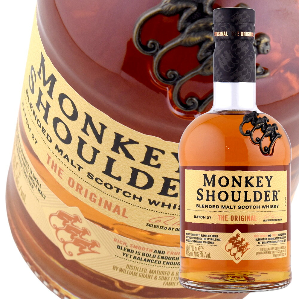 商品説明“100% Malt Whisky Made for Mixing"スペイサイドのモルトウイスキーのみをブレンドした100%モルトウイスキー。テイスティングコメント【香り】洋梨・バニラ・ビターチョコ・ハチミツ。【味わい】麦芽の甘さ、心地よい苦味、やわらかいピート香。繊細な味わいと優しい余韻が長いスムース＆リッチなモルトウイスキーです。商品情報商品名:モンキーショルダー内容量:700mlアルコール度数:40度注意事項・商品リニューアル等により、パッケージデザイン、内容量、成分等が変更され、表示画像と異なる場合がございます。・大量注文等で一時在庫切れが発生する場合がございます。・他のサイトでも販売中で、在庫がない場合もあります。品切れの際は注文をキャンセルすることがありますので、ご了承ください。 ウイスキー,ウィスキー,40度 モンキーショルダー 700ml 1本 正規,贈り物,ギフト,プレゼント,新ラベル