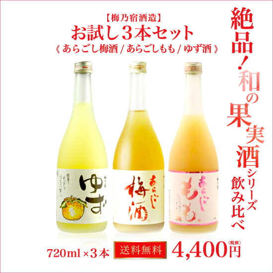 【梅乃宿酒造】　絶品！和の果実酒シリーズ飲み比べ　お試し3本セット　720ml《あらごし梅酒　あらごしもも　ゆず酒》　【送料無料】