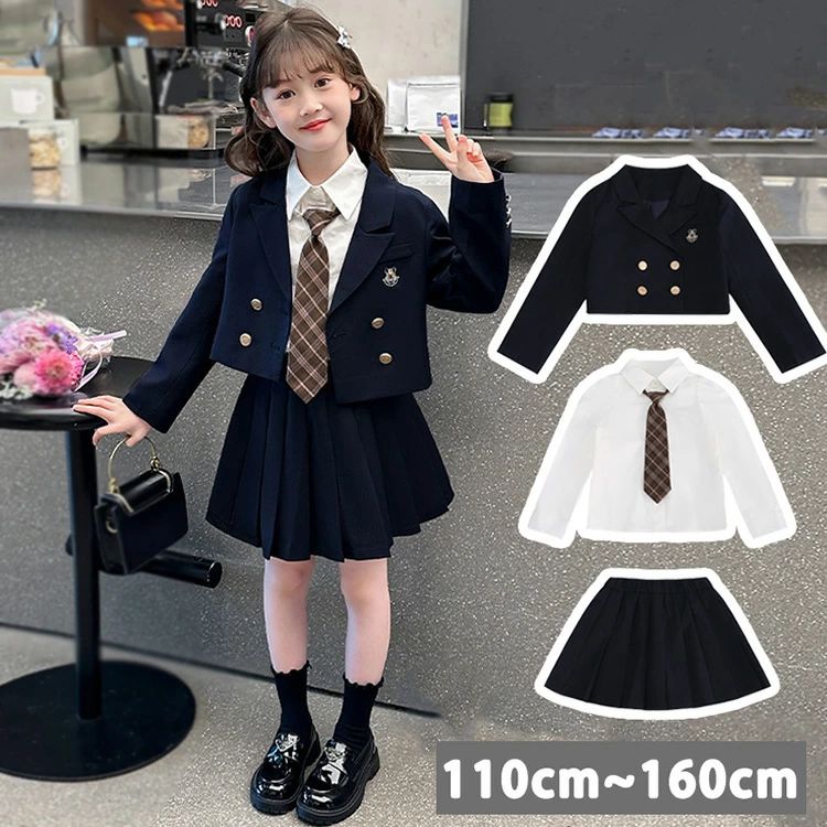 Rakuten - 【4点セット： ネクタイ×ジャケット×シャツ×スカート】フォーマルスーツ ブラック 女の子 スーツ キッズ 子供 春 秋 上下セット ジュニア 入学式 入園式 卒業式 七五三 結婚式 発表会 誕生日 記念日 お受験 学院風 ピアノ スカートセット 小学生