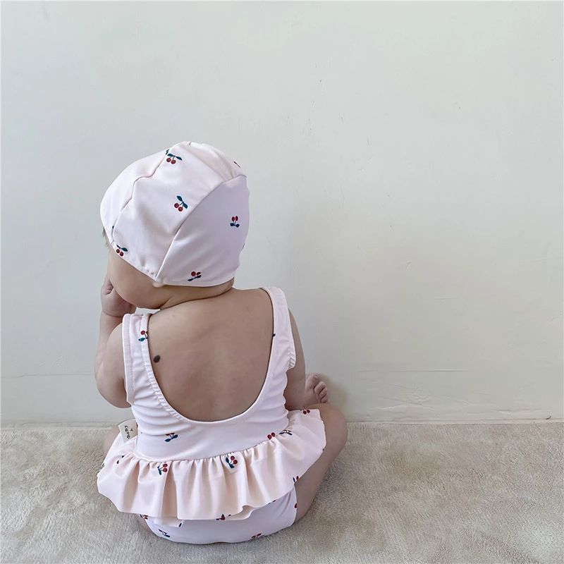 送料無料 ベビー水着 女の子 セパレーツ タンクトップ チェリー柄 ガールズ水着 3点セット 赤ちゃん水着 子供服 キッズ 女の子 水着 女