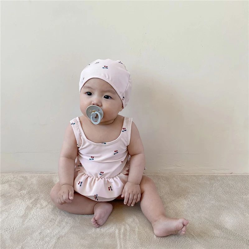 送料無料 ベビー水着 女の子 セパレーツ タンクトップ チェリー柄 ガールズ水着 3点セット 赤ちゃん水着 子供服 キッズ 女の子 水着 女