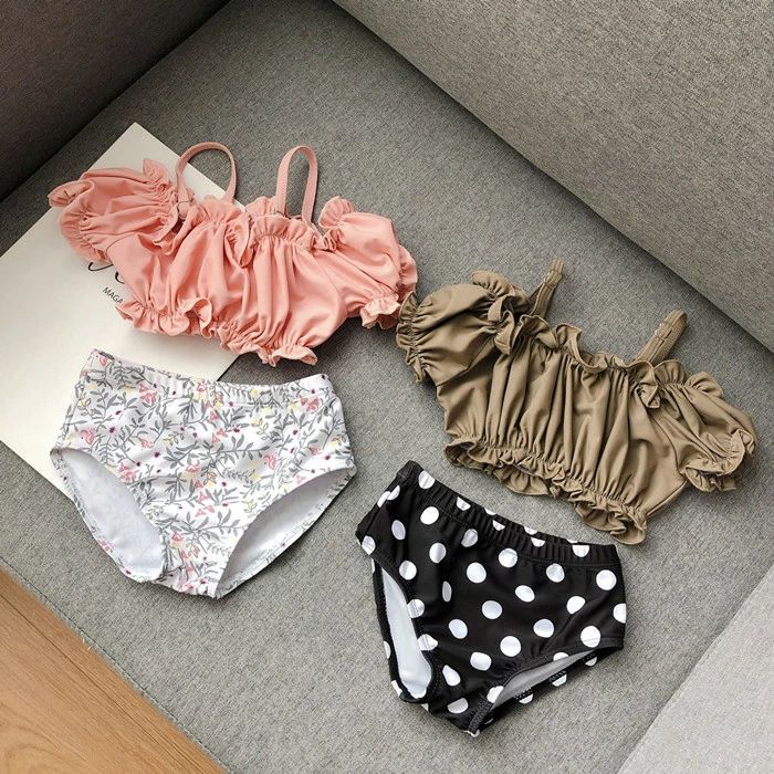 Rakuten - 水着 女の子 2点セット トップス パンツ ピンク コーヒー色 子ども 子供 水着 プリンセス ベビー水着 女児 子供用 こども 女子 みずぎ