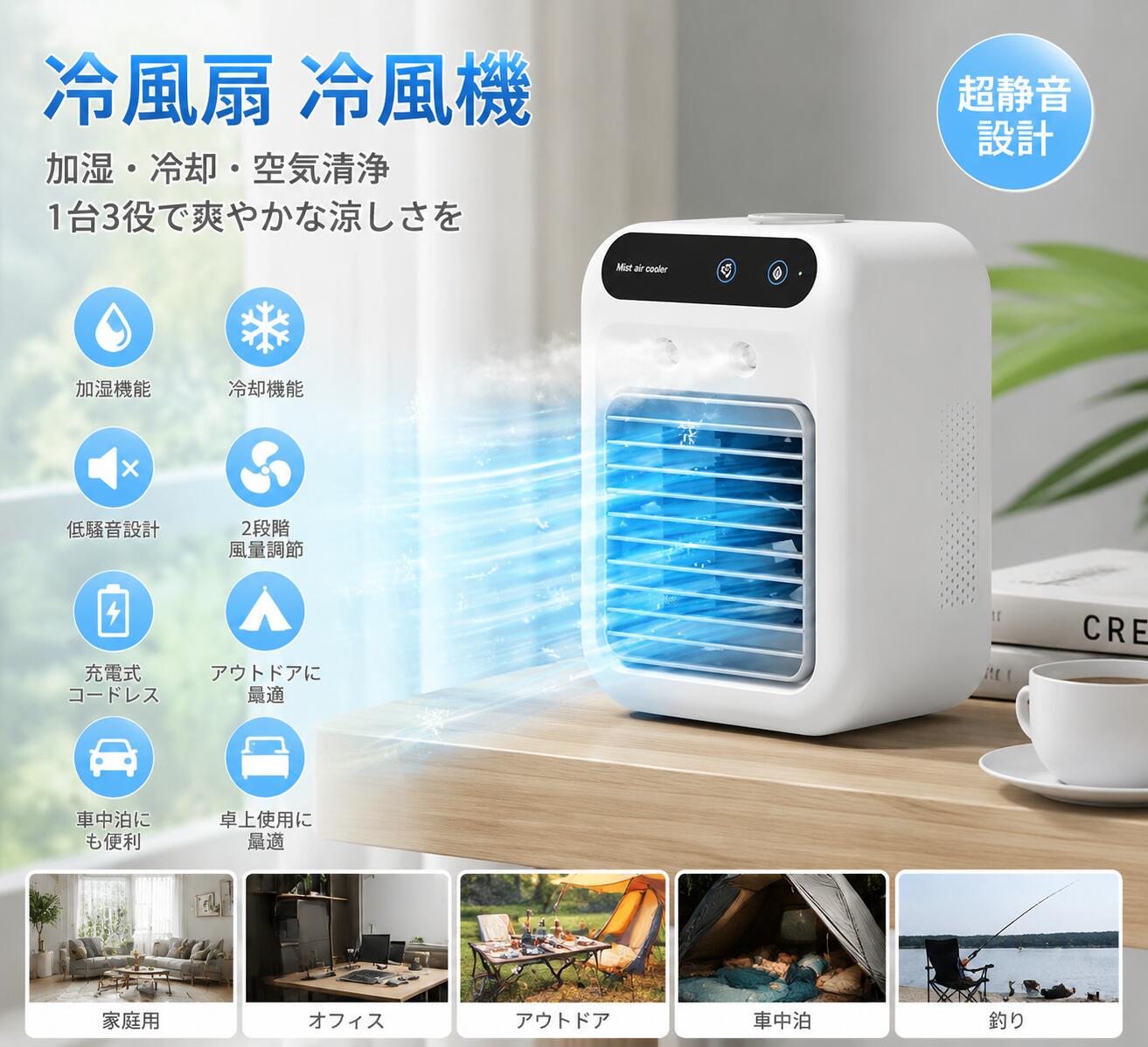 冷風扇 冷風機 小型 デスクトップ ポータブル 家庭用 オフィス用 加湿器 空気清浄 ミスト 低騒音 ウォータークールファン 充電式 2段階風量 車中泊用ファン サーキュレーター アウトドア 防暑 キャンプ テント ミニエアコンファン 釣り用 熱中症対策 冷却ファン