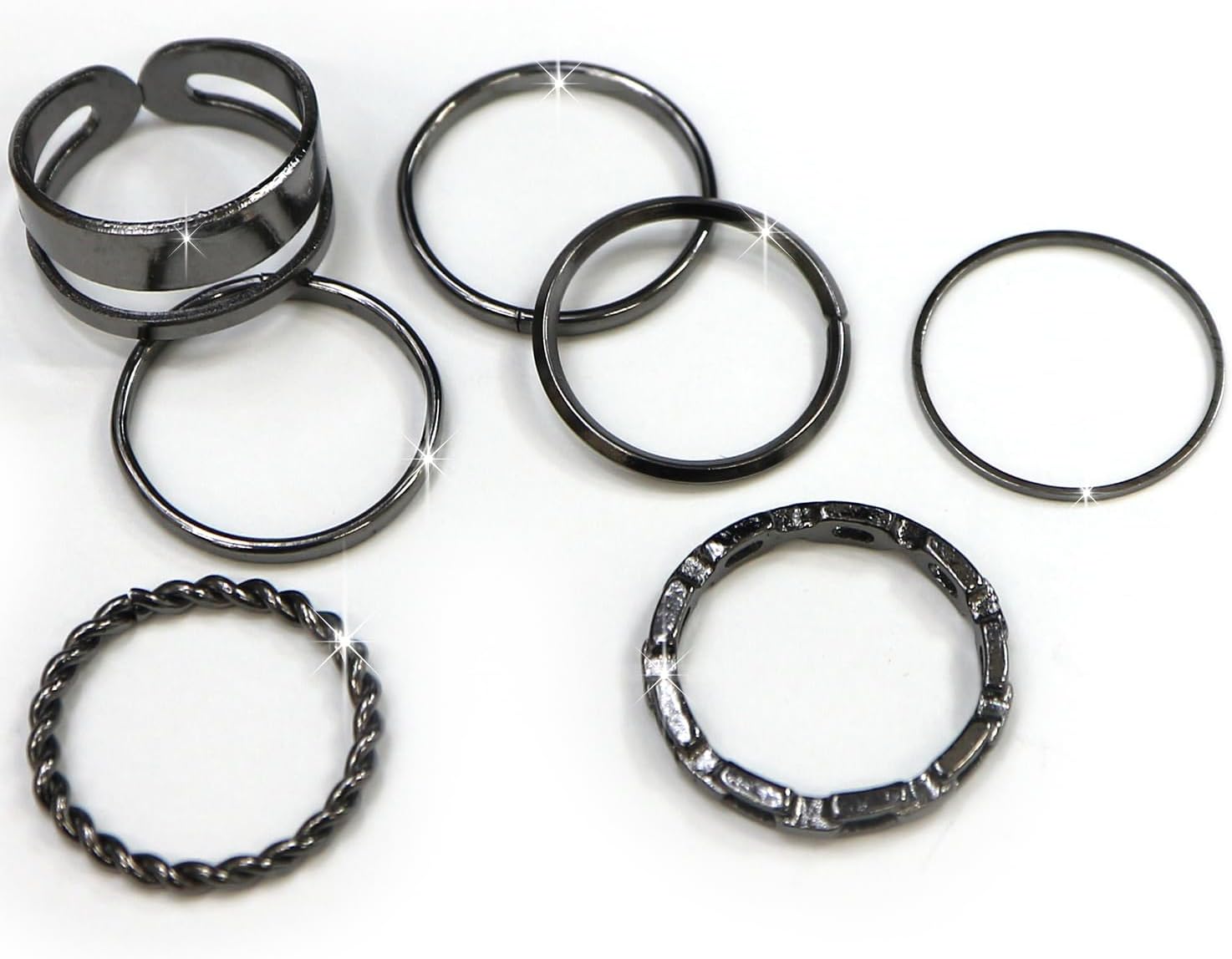 [きらきらぷんぷん丸] リング 指輪 セット ブラック 重ね付け レディース メンズ シンプル 8個セット 細リング 太リング チェーン RGS-003