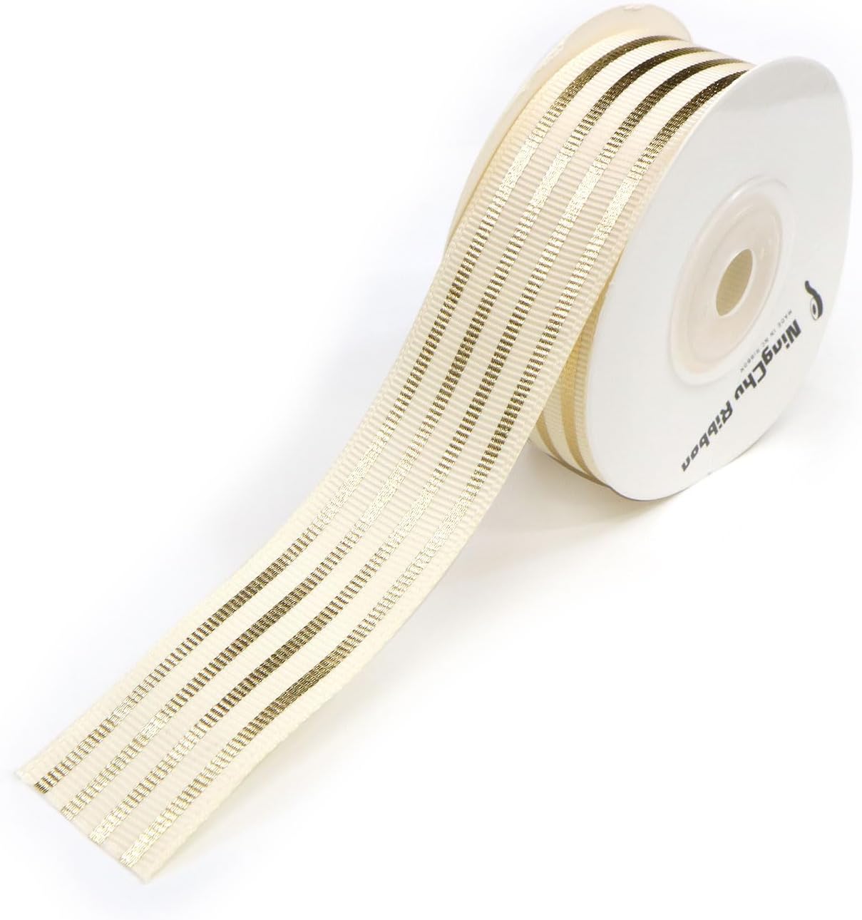 ストライプリボン ゴールド 【アイボリー】 白 片面 手芸用ブレード 2.5cmx8m 金 箔押し 縞模様 光沢 テープ 飾り ギフト ラッピング 包装 ポリエ...