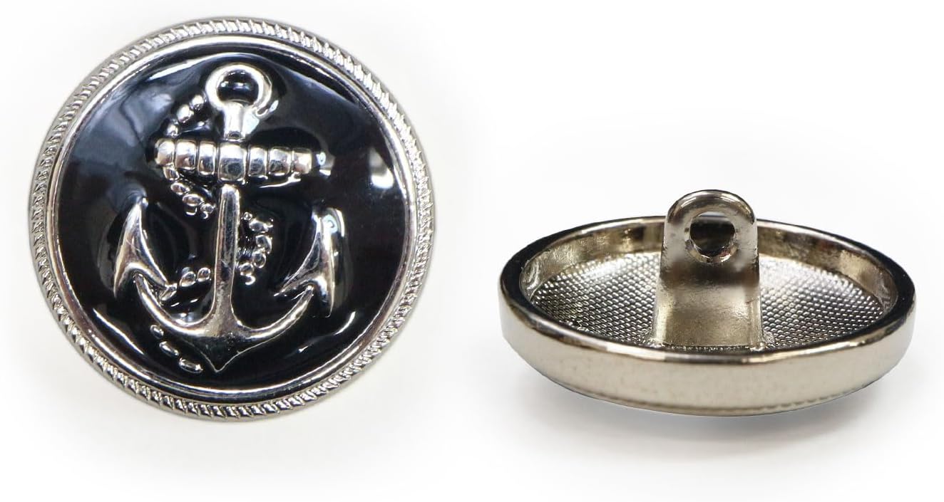 マリンボタン イカリボタン 【シルバー&ブラック】 銀 黒 ボタン メタルボタン 金属 メタル 錨 碇 飾りボタン 手芸 6個入り 【20mm】 きらきらぷんぷん丸 B-972