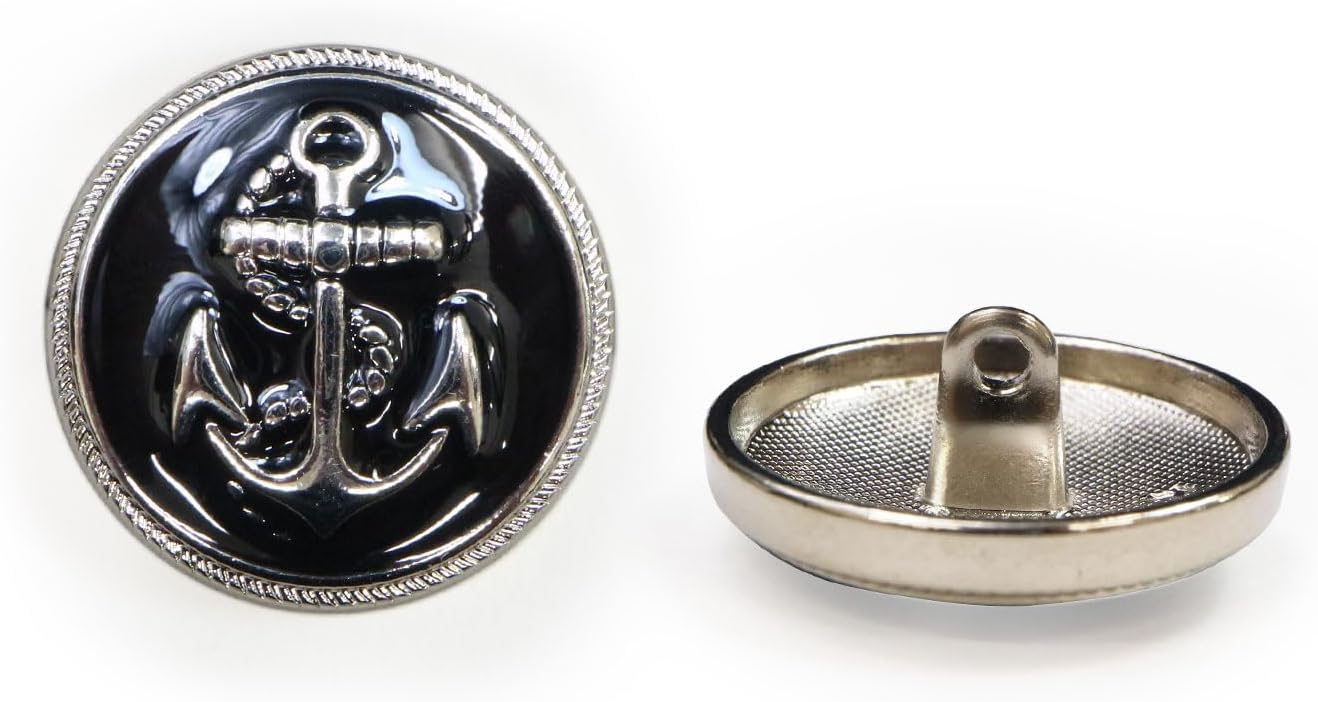 マリンボタン イカリボタン 【シルバー&ブラック】 銀 黒 ボタン メタルボタン 金属 メタル 錨 碇 飾りボタン 手芸 6個入り 【22.5mm】 きらきらぷんぷん丸 B-973