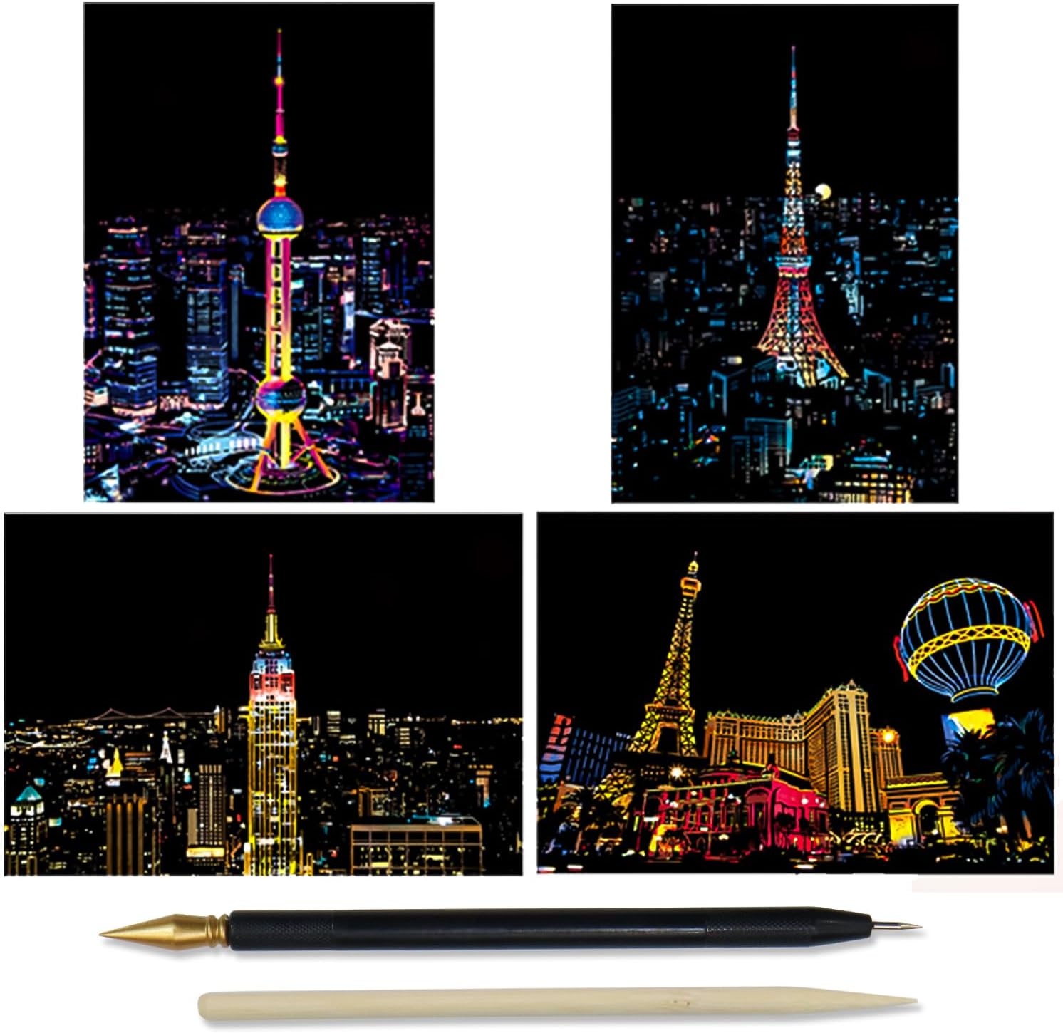 スクラッチアート 4枚入り 竹ペン セット 【現代都市】 小さめA5サイズ 約20x14cm ポストカード きらきらぷんぷん丸 SCR-008