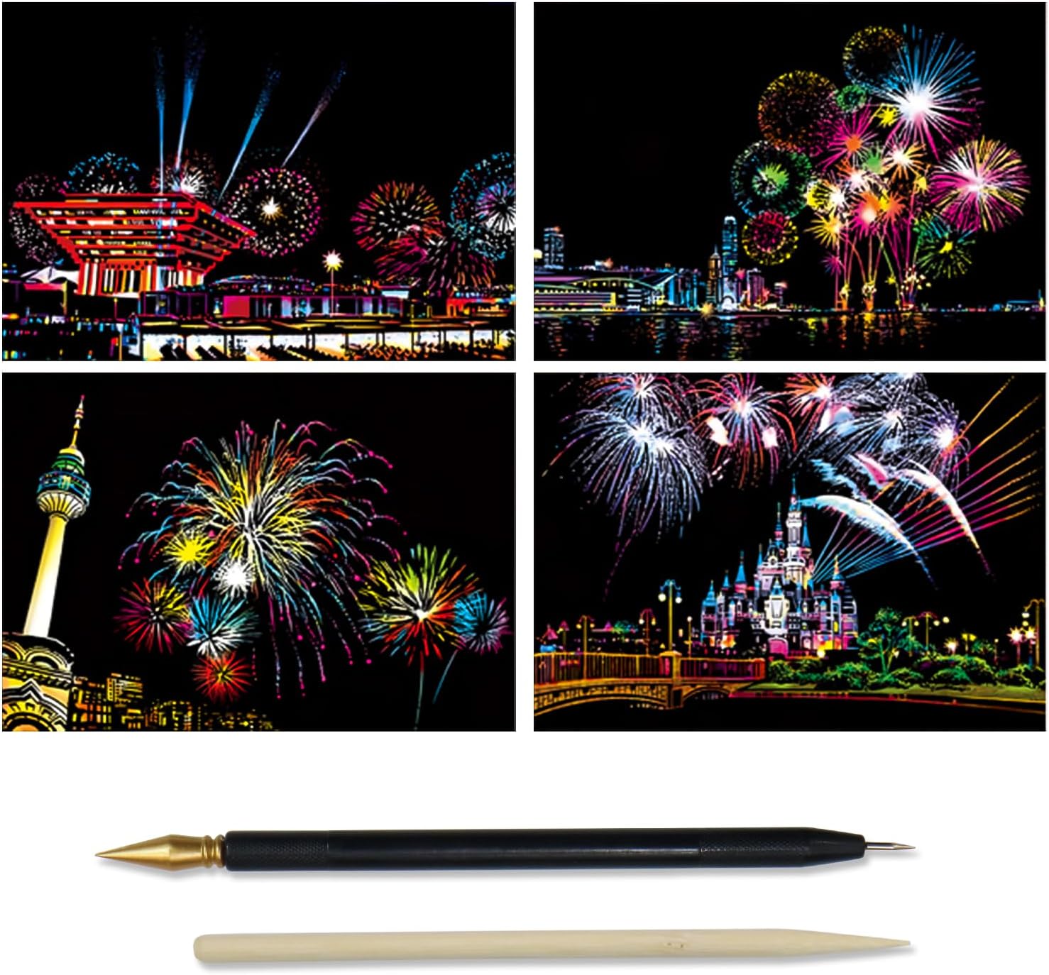 スクラッチアート 4枚入り 竹ペン セット 【花火】 小さめA5サイズ 約20x14cm ポストカード きらきらぷ..