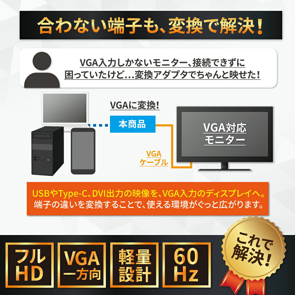 USB to VGA 変換アダプタ DVI to VGA 変換アダプター Type-C to VGA 変換ケーブル VGA変換 高速転送 高画質 フルHD Windows MacBook パソコン PC テレビ iPhone アイフォン android アンドロイド iPad タブレット 接続 モニター ミラーリング リモートワーク シズカウィル maskmore-10001691 MaskMore(マスクモア) サンプル画像2